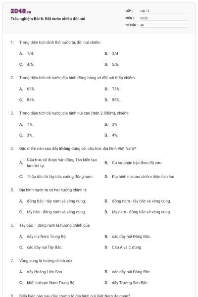 Trắc nghiệm Bài 6: Đất nước nhiều đồi núi