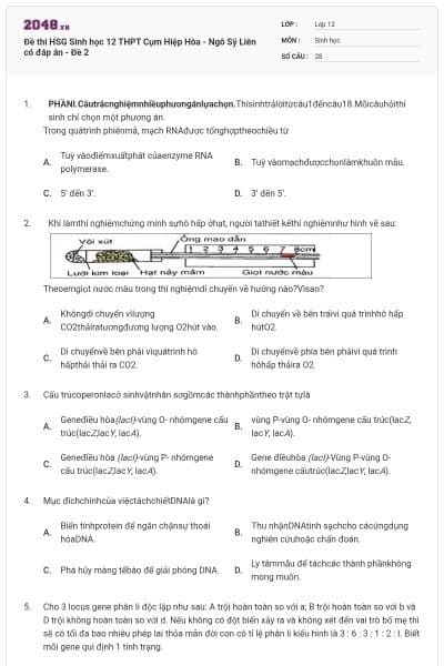 Đề thi HSG Sinh học 12 THPT Cụm Hiệp Hòa - Ngô Sỹ Liên có đáp án - Đề 2