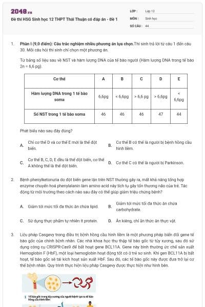 Đề thi HSG Sinh học 12 THPT Thái Thuận có đáp án - Đề 1