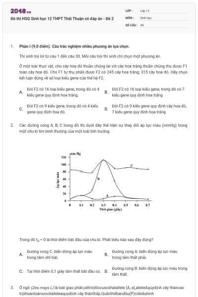 Đề thi HSG Sinh học 12 THPT Thái Thuận có đáp án - Đề 2