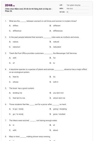 (Viên chức Mầm non) 30 đề ôn thi tiếng Anh có đáp án - Phần 26