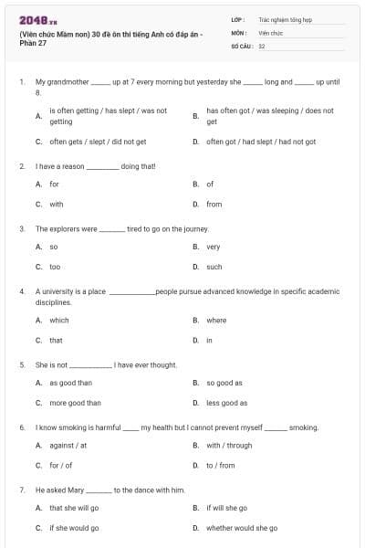 (Viên chức Mầm non) 30 đề ôn thi tiếng Anh có đáp án - Phần 27