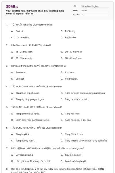 900+ câu trắc nghiệm Phương pháp điều trị không dùng thuốc có đáp án - Phần 25
