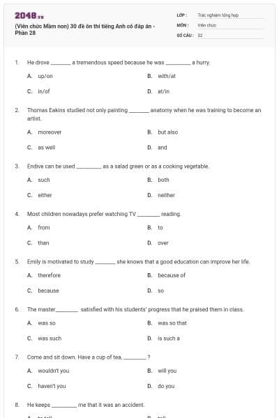 (Viên chức Mầm non) 30 đề ôn thi tiếng Anh có đáp án - Phần 28