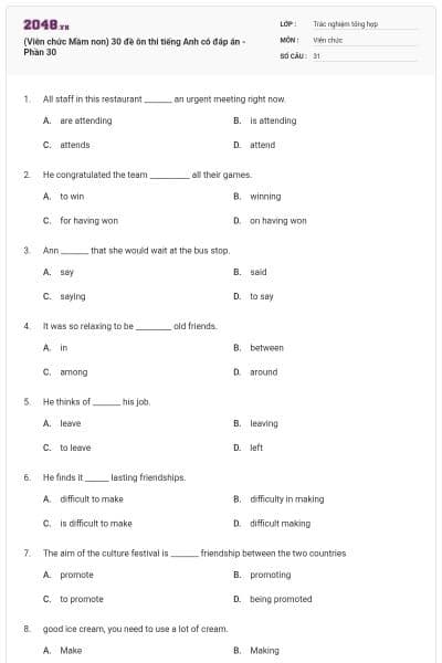 (Viên chức Mầm non) 30 đề ôn thi tiếng Anh có đáp án - Phần 30