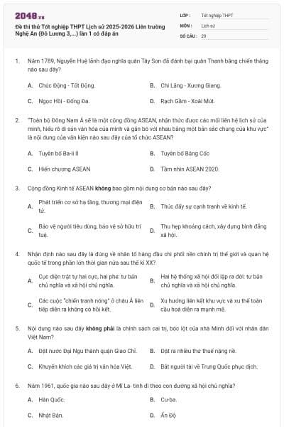 Đề thi thử Tốt nghiệp THPT Lịch sử 2025-2026 Liên trường Nghệ An (Đô Lương 3,...) lần 1 có đáp án