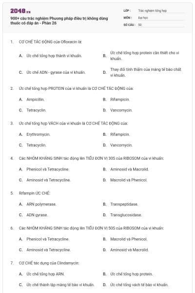 900+ câu trắc nghiệm Phương pháp điều trị không dùng thuốc có đáp án - Phần 26