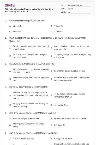 900+ câu trắc nghiệm Phương pháp điều trị không dùng thuốc có đáp án - Phần 28