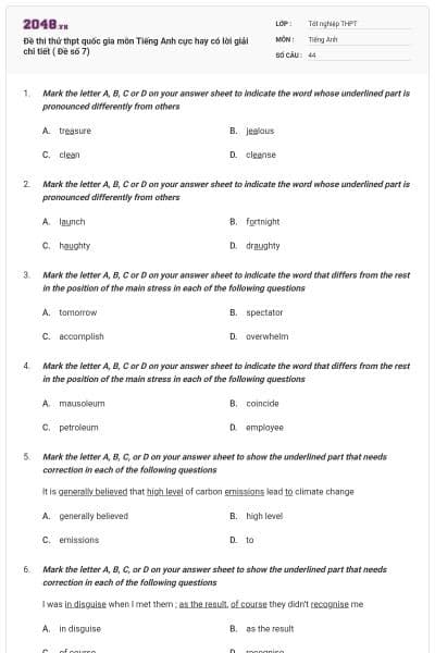 Đề thi thử thpt quốc gia môn Tiếng Anh cực hay có lời giải chi tiết ( Đề số 7)