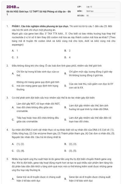 Đề thi HSG Sinh học 12 THPT Sở Hải Phòng có đáp án - Đề 1