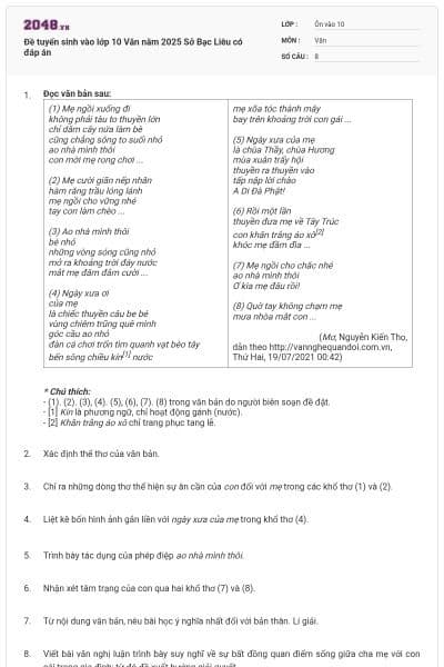 Đề tuyển sinh vào lớp 10 Văn năm 2025 Sở Bạc Liêu có đáp án