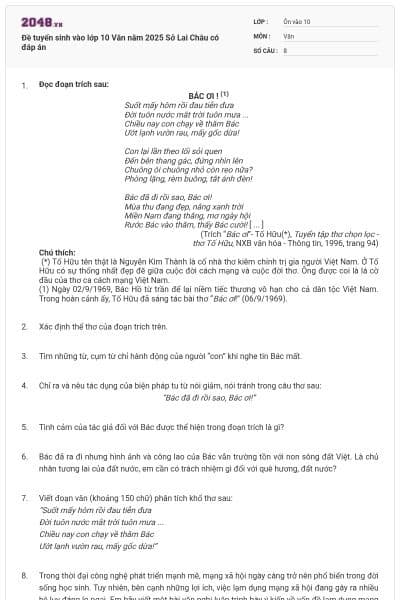 Đề tuyển sinh vào lớp 10 Văn năm 2025 Sở Lai Châu có đáp án