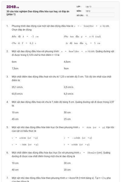 30 câu trắc nghiệm Dao động điều hòa cực hay, có đáp án (phần 1)