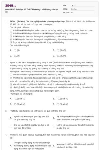 Đề thi HSG Sinh học 12 THPT Hà Đông - Hải Phòng có đáp án