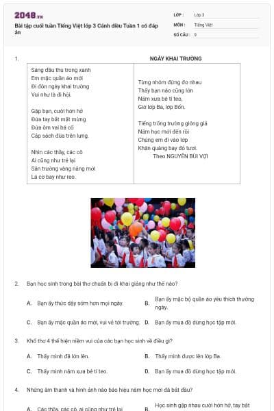 Bài tập cuối tuần Tiếng Việt lớp 3 Cánh diều Tuần 1 có đáp án