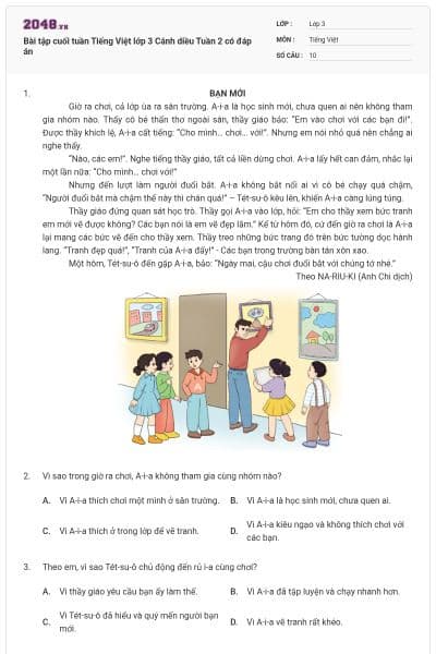 Bài tập cuối tuần Tiếng Việt lớp 3 Cánh diều Tuần 2 có đáp án