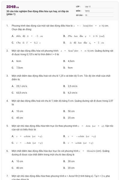 30 câu trắc nghiệm Dao động điều hòa cực hay, có đáp án (phần 1)