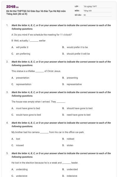 Đề thi thử THPTQG Sở Giáo Dục Và Đào Tạo Hà Nội môn Tiếng Anh (đề số 8)