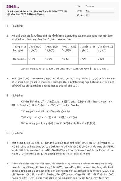 Đề thi tuyển sinh vào lớp 10 môn Toán Sở GD&ĐT TP Hà Nội năm học 2025-2026 có đáp án