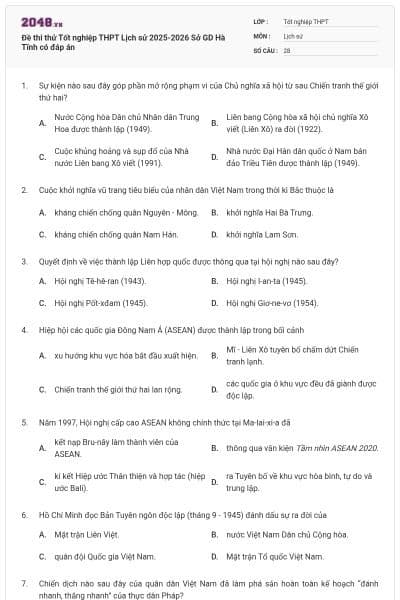 Đề thi thử Tốt nghiệp THPT Lịch sử 2025-2026 Sở GD Hà Tĩnh có đáp án