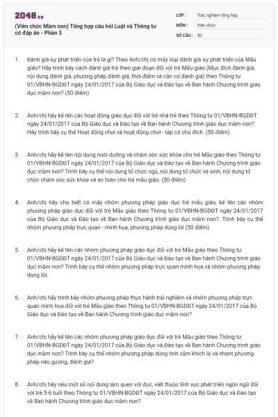 (Viên chức Mầm non) Tổng hợp câu hỏi Luật và Thông tư có đáp án - Phần 3