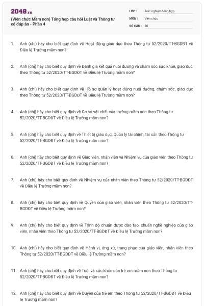 (Viên chức Mầm non) Tổng hợp câu hỏi Luật và Thông tư có đáp án - Phần 4