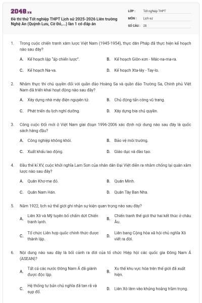 Đề thi thử Tốt nghiệp THPT Lịch sử 2025-2026 Liên trường Nghệ An (Quỳnh Lưu, Cờ Đỏ,...) lần 1 có đáp án