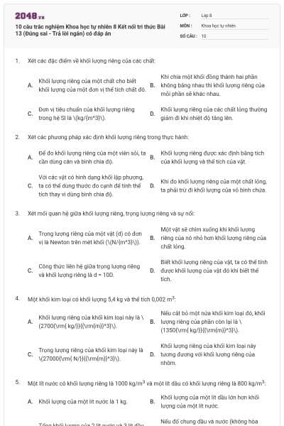 10 câu trắc nghiệm Khoa học tự nhiên 8 Kết nối tri thức Bài 13 (Đúng sai - Trả lời ngắn) có đáp án