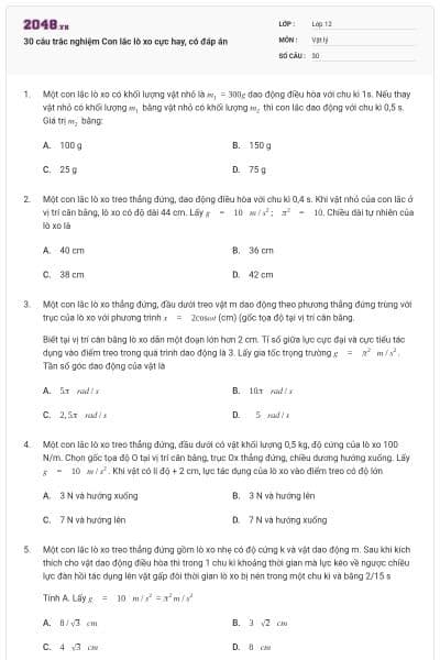 30 câu trắc nghiệm Con lắc lò xo cực hay, có đáp án
