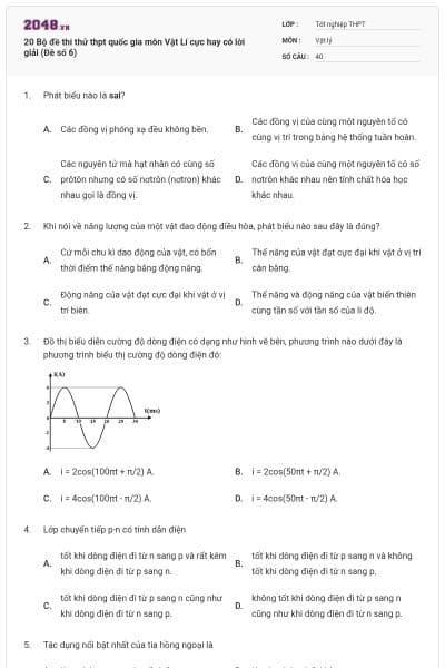 20 Bộ đề thi thử thpt quốc gia môn Vật Lí cực hay có lời giải (Đề số 6)