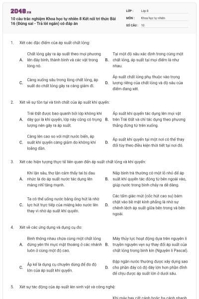 10 câu trắc nghiệm Khoa học tự nhiên 8 Kết nối tri thức Bài 16 (Đúng sai - Trả lời ngắn) có đáp án