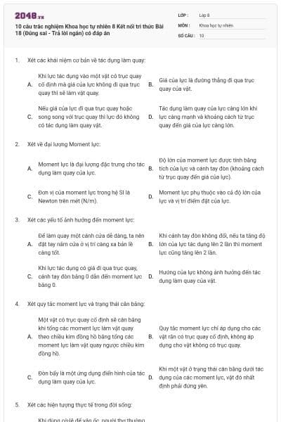 10 câu trắc nghiệm Khoa học tự nhiên 8 Kết nối tri thức Bài 18 (Đúng sai - Trả lời ngắn) có đáp án