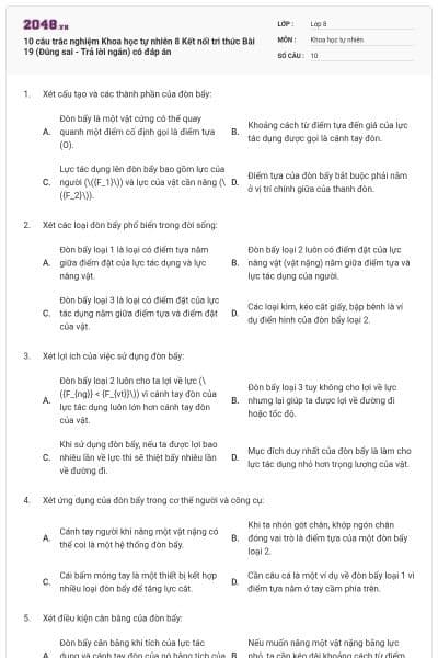10 câu trắc nghiệm Khoa học tự nhiên 8 Kết nối tri thức Bài 19 (Đúng sai - Trả lời ngắn) có đáp án