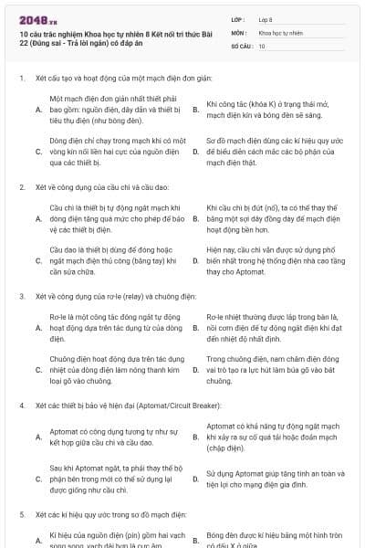 10 câu trắc nghiệm Khoa học tự nhiên 8 Kết nối tri thức Bài 22 (Đúng sai - Trả lời ngắn) có đáp án