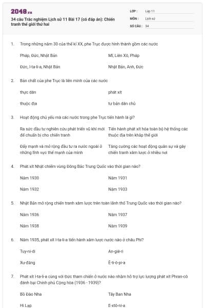 34 câu Trắc nghiệm Lịch sử 11 Bài 17 (có đáp án): Chiến tranh thế giới thứ hai