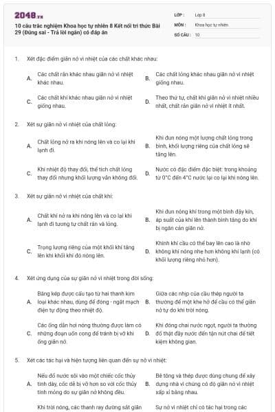 10 câu trắc nghiệm Khoa học tự nhiên 8 Kết nối tri thức Bài 29 (Đúng sai - Trả lời ngắn) có đáp án