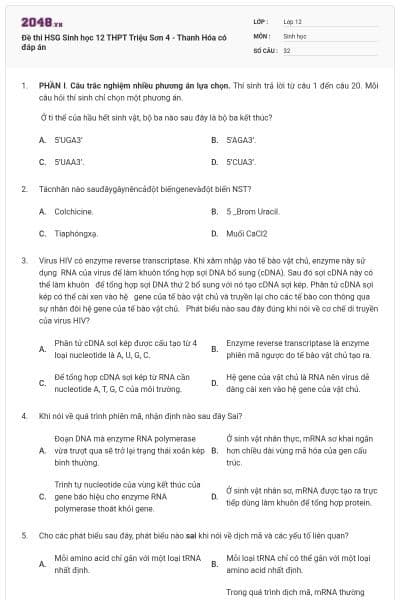 Đề thi HSG Sinh học 12 THPT Triệu Sơn 4 - Thanh Hóa có đáp án