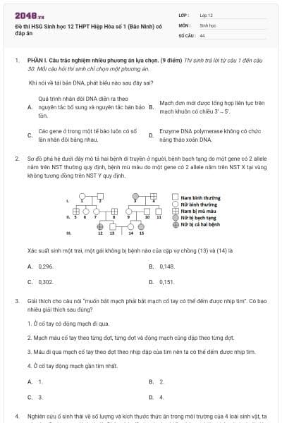 Đề thi HSG Sinh học 12 THPT Hiệp Hòa số 1 (Bắc Ninh) có đáp án