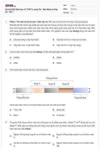 Đề thi HSG Sinh học 12 THPT Lương Tài - Bắc Ninh có đáp án - Đề 1