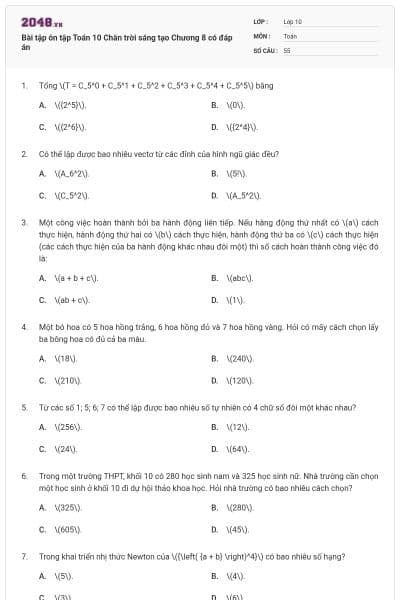 Bài tập ôn tập Toán 10 Chân trời sáng tạo Chương 8 có đáp án