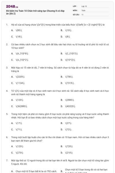 Đề kiểm tra Toán 10 Chân trời sáng tạo Chương 8 có đáp án (Đề 2)