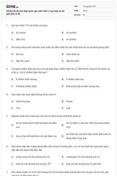20 Bộ đề thi thử thpt quốc gia môn Vật Lí cực hay có lời giải (Đề số 8)
