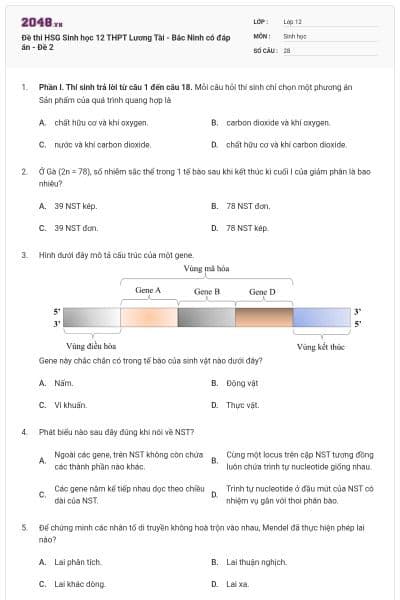 Đề thi HSG Sinh học 12 THPT Lương Tài - Bắc Ninh có đáp án - Đề 2