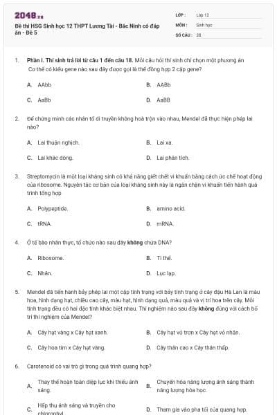 Đề thi HSG Sinh học 12 THPT Lương Tài - Bắc Ninh có đáp án - Đề 5