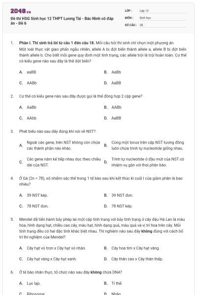 Đề thi HSG Sinh học 12 THPT Lương Tài - Bắc Ninh có đáp án - Đề 6