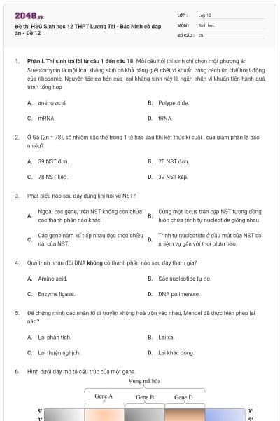 Đề thi HSG Sinh học 12 THPT Lương Tài - Bắc Ninh có đáp án - Đề 12