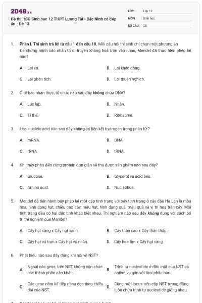 Đề thi HSG Sinh học 12 THPT Lương Tài - Bắc Ninh có đáp án - Đề 13