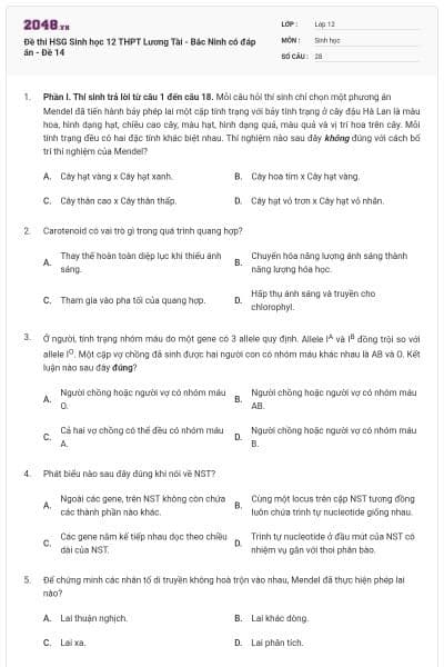Đề thi HSG Sinh học 12 THPT Lương Tài - Bắc Ninh có đáp án - Đề 14