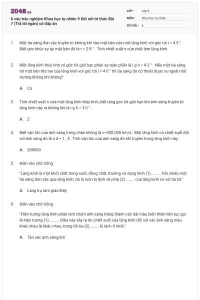 6 câu trắc nghiệm Khoa học tự nhiên 9 Kết nối tri thức Bài 7 (Trả lời ngắn) có đáp án