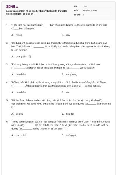 6 câu trắc nghiệm Khoa học tự nhiên 9 Kết nối tri thức Bài 8 (Trả lời ngắn) có đáp án